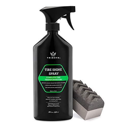 Trinova 33511 Tire Shine Spray No Wipe - Automotive Clear Coat Dressing for Wet & Slick Finish - Keeps Tires Black - with Rubber Protector - Prevents Fading & Yellowing - 18 OZ