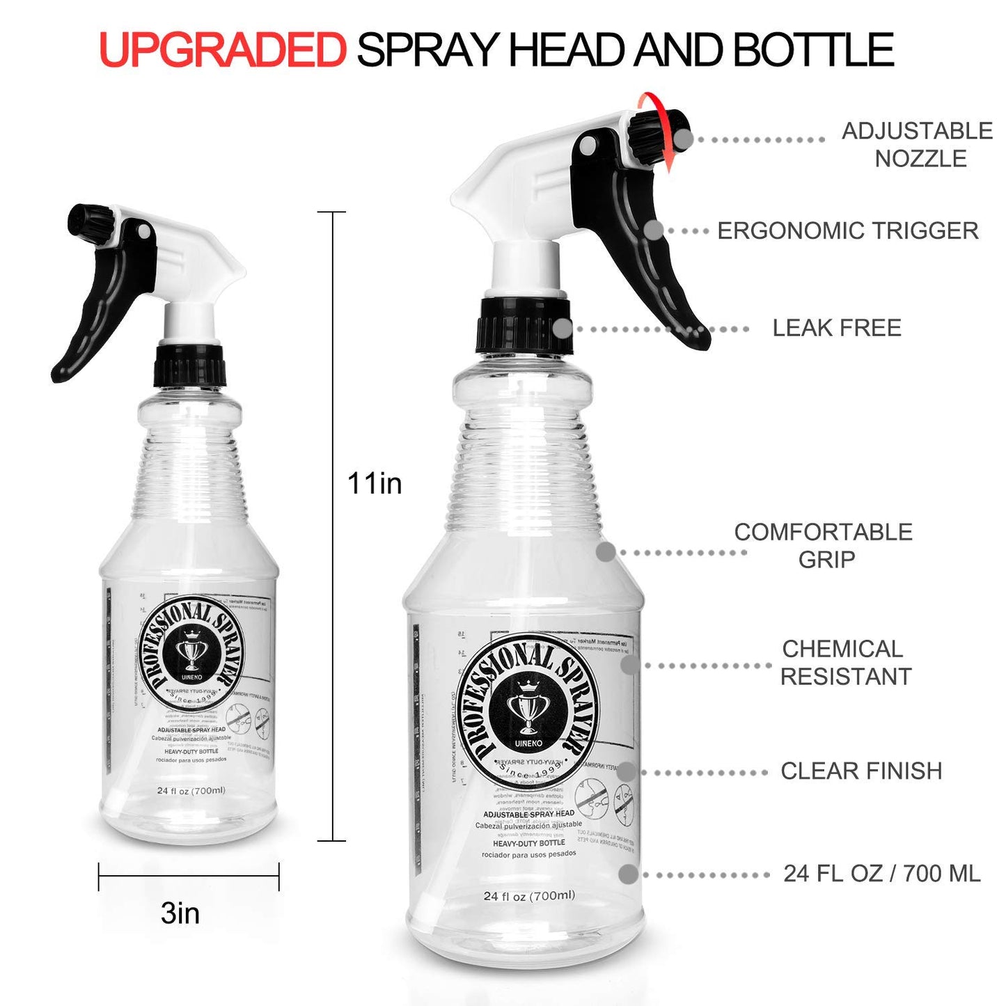 Plastic Spray Bottle (24oz 3 Pack) for Cleaning Solutions, Car Detailing Care, Planting, Pet, Clear Finish, Heavy Duty Empty Spraying Bottles Mist Water Sprayer with Measurements & Adjustable Nozzle