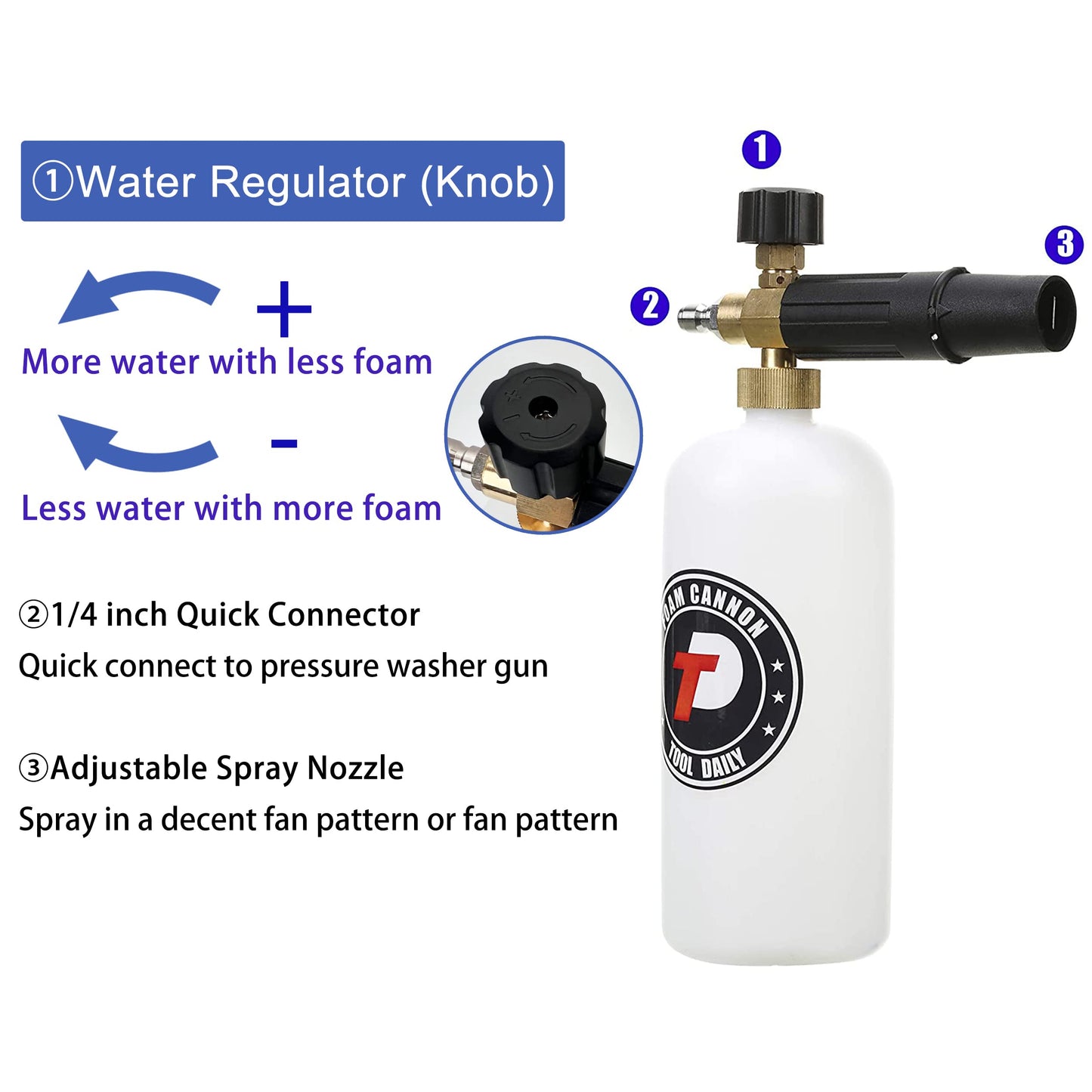 Tool Daily Foam Cannon with 1/4 Inch Quick Connector, 1 Liter, 5 Pressure Washer Nozzle Tips