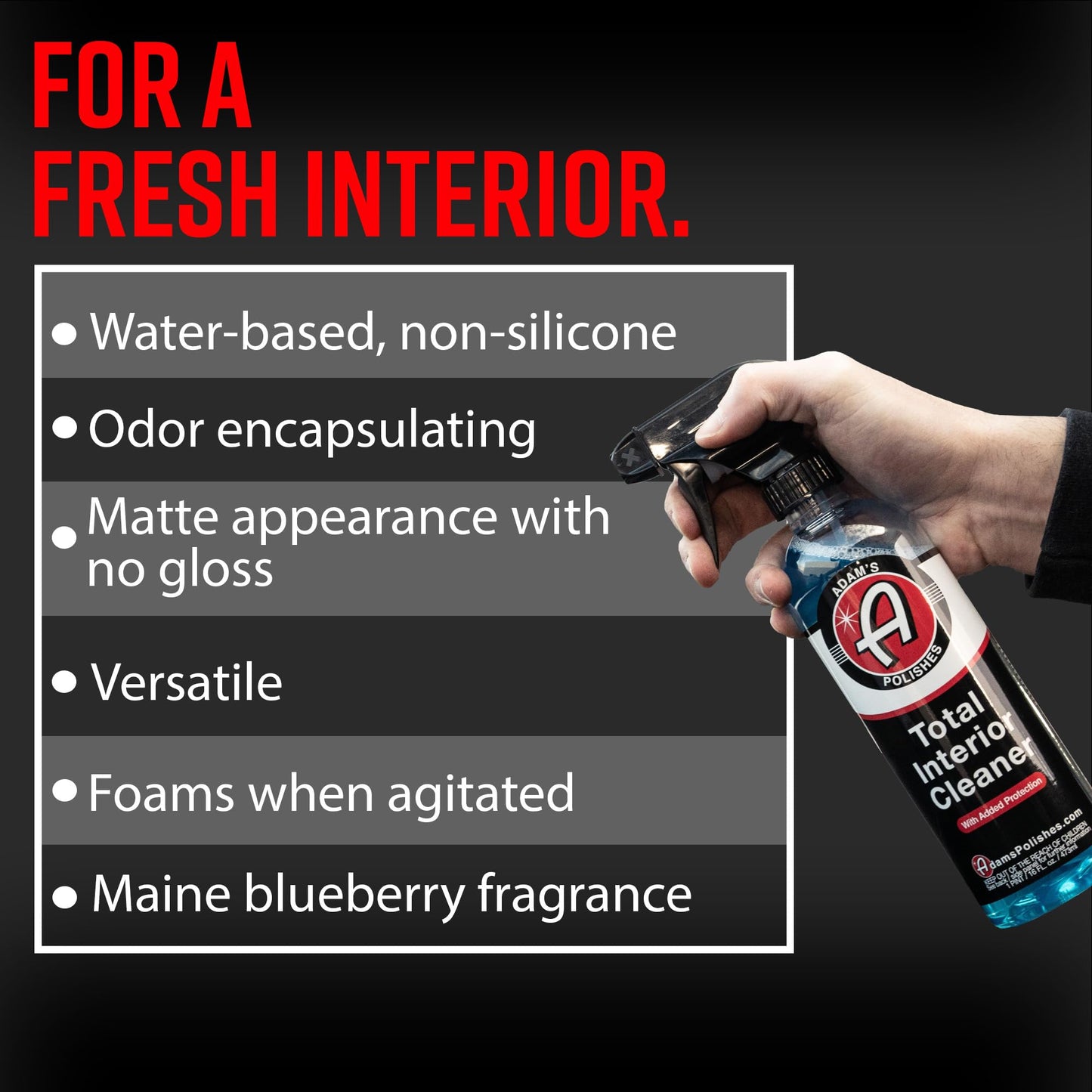 Adam's Polishes Total Interior Cleaner & Protectant (16oz), Quick Detailer & SiO2 Protection, Ceramic Infused UV Protection, Anti-Static, OEM Finish, For Leather, Vinyl, Plastics, Glass & More