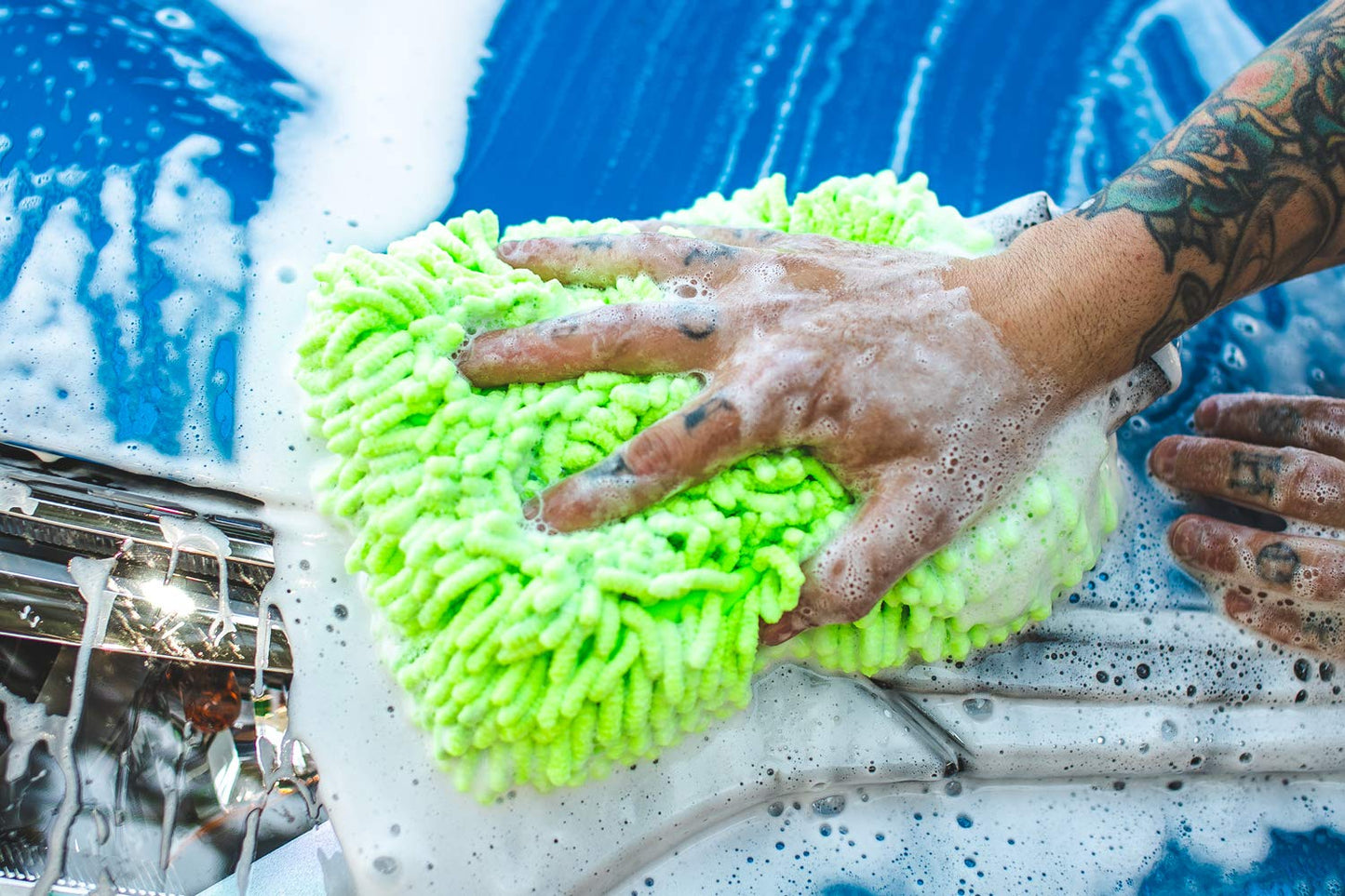 The Rag Company - Premium Chenille Microfiber Knobby Wash Mitts - Perfect for Car Washing and Detailing; Scratch-Free, Lint-Free, Double-Sided, Plush, and Absorbent; Lime Green + Blue (2-Pack)