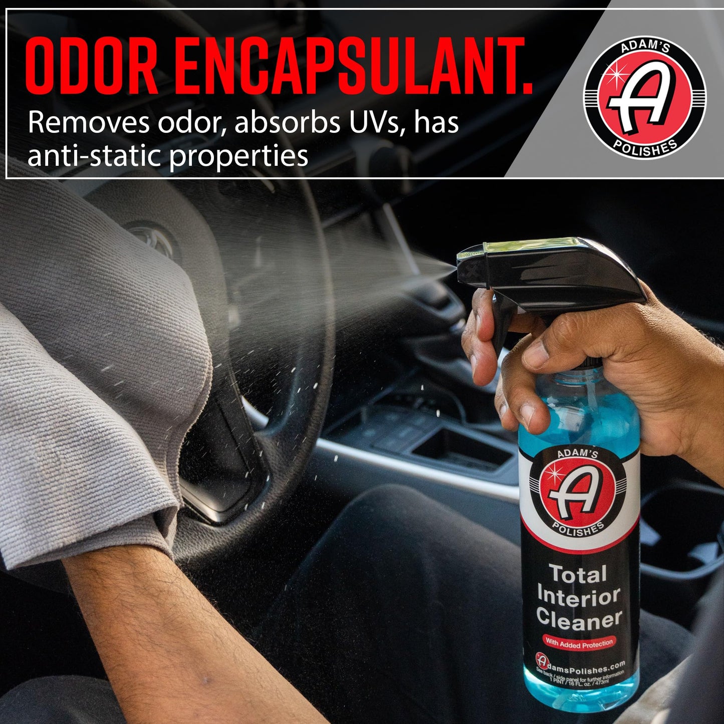 Adam's Polishes Total Interior Cleaner & Protectant (16oz), Quick Detailer & SiO2 Protection, Ceramic Infused UV Protection, Anti-Static, OEM Finish, For Leather, Vinyl, Plastics, Glass & More