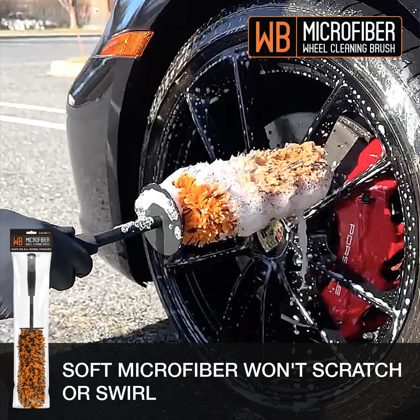 Suds Lab WB Microfiber Wheel Cleaning Brush - Multipurpose Rim and Wheel Microfiber Scrubber - Clean Hard to Reach Spots - 16" Total Length